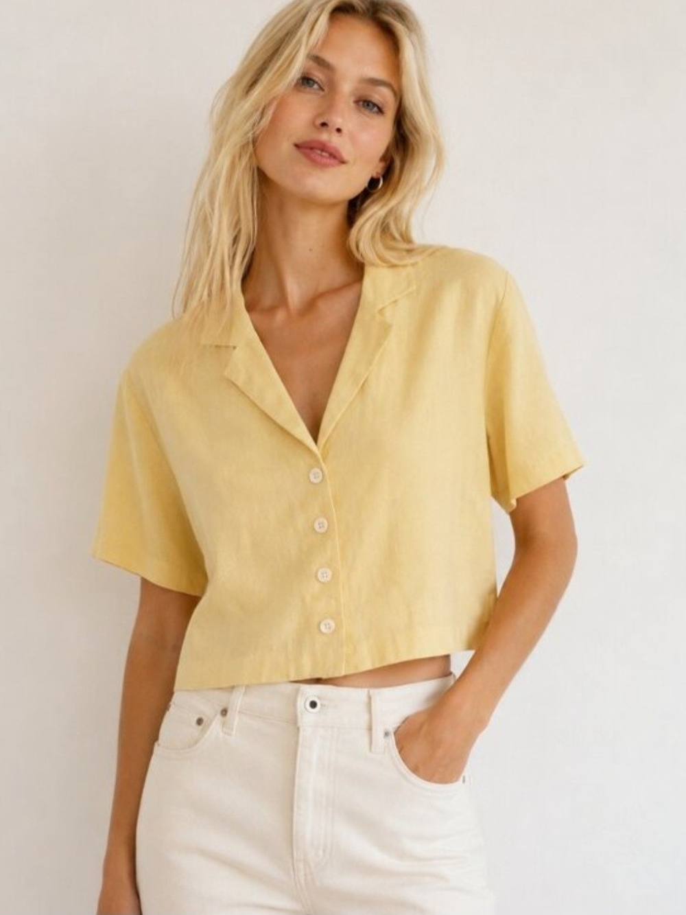 Madewell 100% Linen Button Down Short Sleeve Cropped Shirt butter yellow XLarge